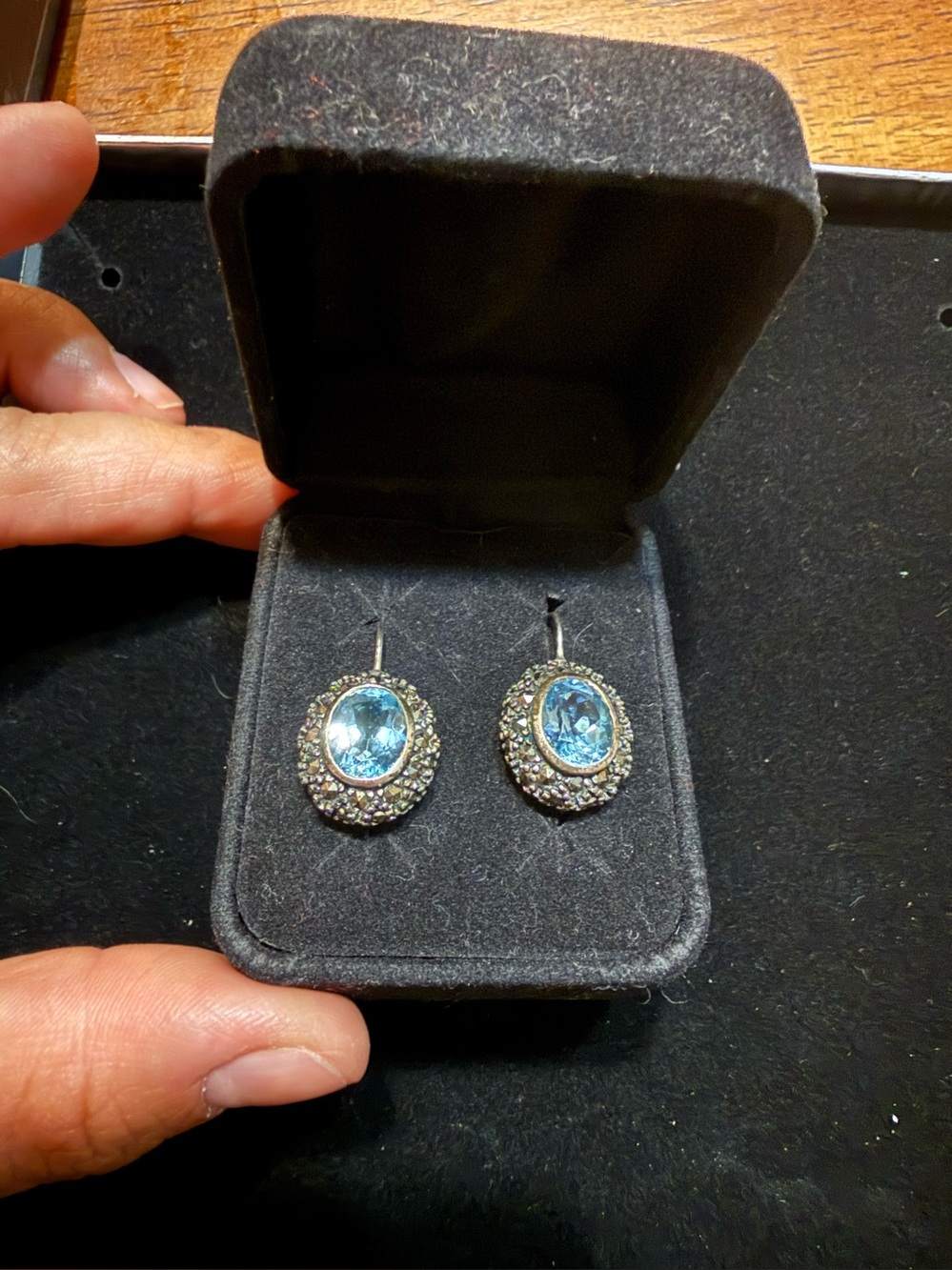 Blue Topaz Halo Drop Earrings in Silver Tone